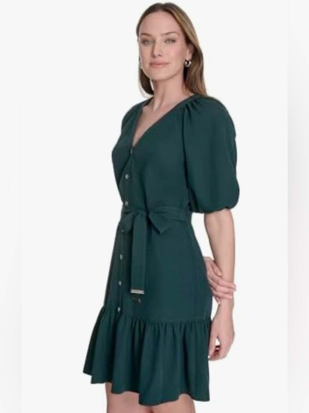 New Tommy Hilfiger Deep Teal Puff-Sleeve Button-Front Midi Dress